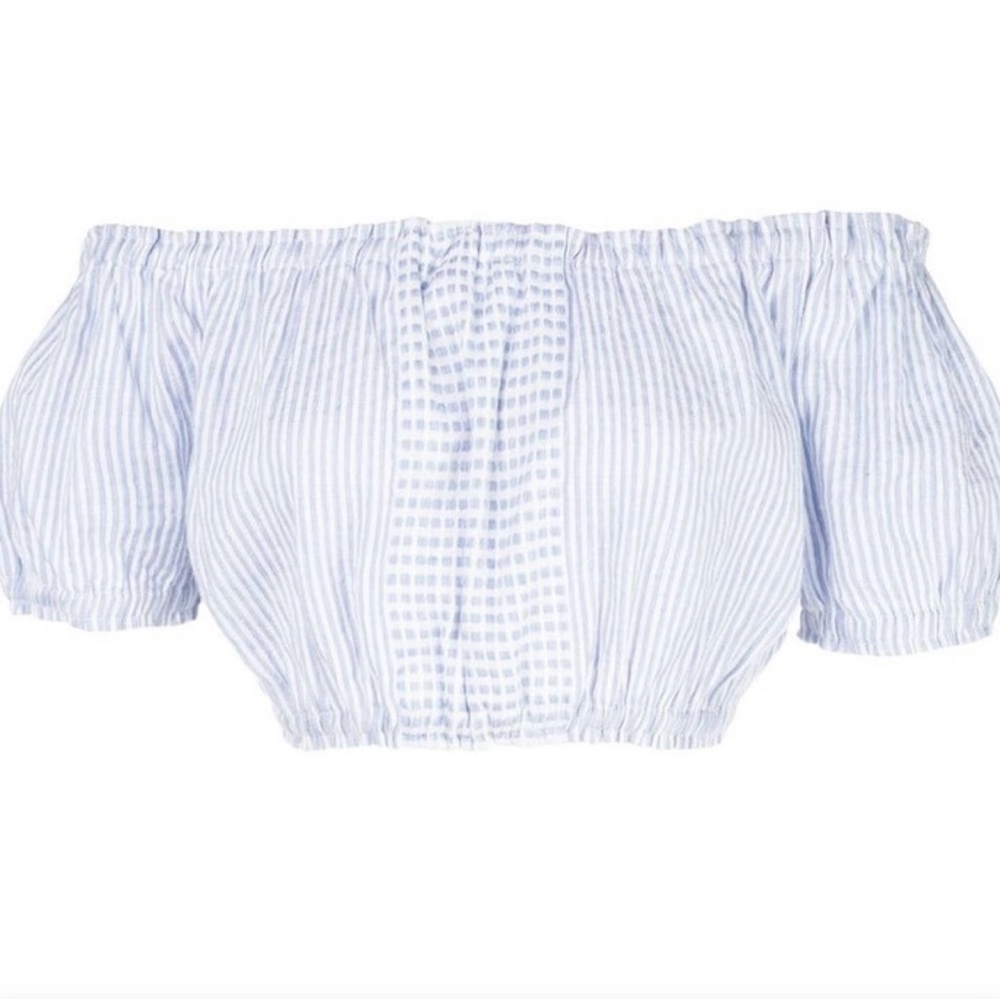 Lemlem Semira Off-Shoulder Striped Blue and White Top -M